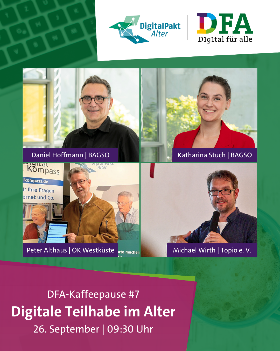 Die Grafik kündigt die Veranstaltung „DFA-Kaffeepause #7 – Digitale Teilhabe im Alter“ an, die am 26. September um 09:30 Uhr stattfindet.