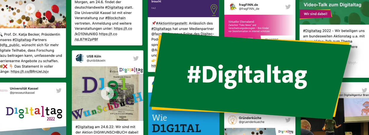 Im Hintergrund mehrere Social-Media-Posts zum Digitaltag, im Vordergrund grünes Rechteckt mit der Aufschrift: #Digitaltag
