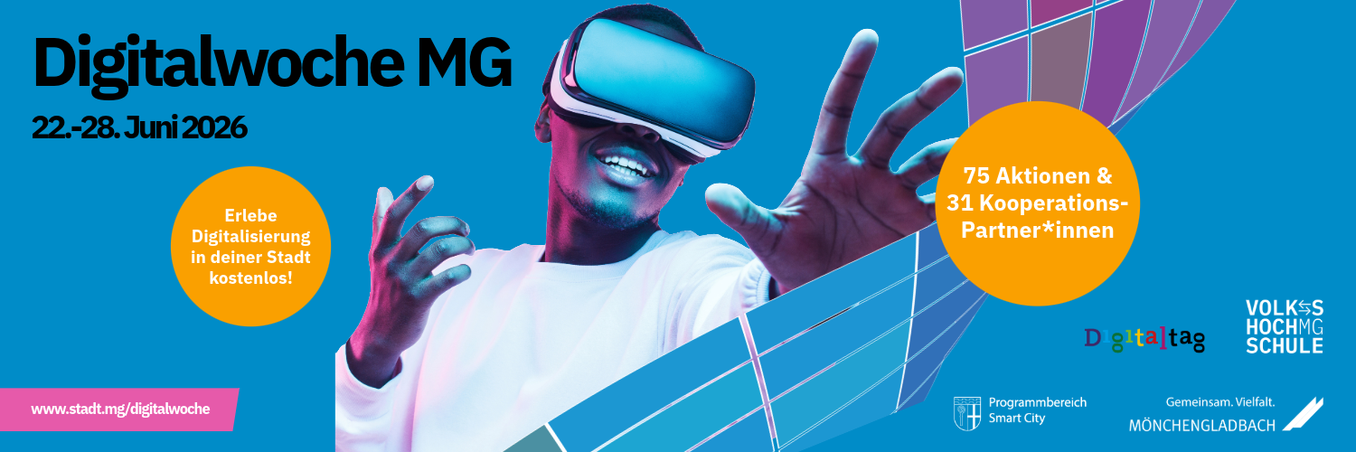 Banner zur „Digitalwoche MG“ (22.–28. Juni 2026) mit futuristischem Design in Blau-, Pink- und Lilatönen. Zu sehen ist eine Person mit VR-Brille sowie Hinweise auf kostenlose Digitalangebote, 75 Aktionen und 31 Kooperationspartner*innen. Logos von Digitaltag, VHS und der Stadt Mönchengladbach ergänzen das Motiv.
