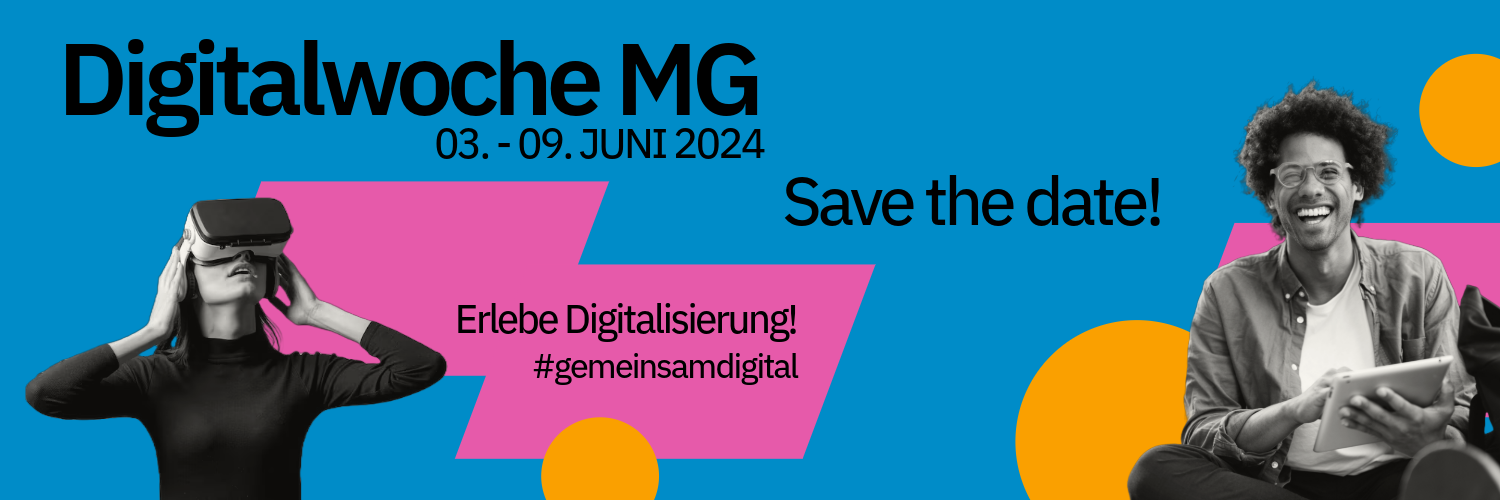 Grafik zur Digitalwoche in Mönchengladbach, 3. bis 9. Juni 2024. Links eine Frau mit VR-Brille, rechts ein sitzender Mann mit Tablet