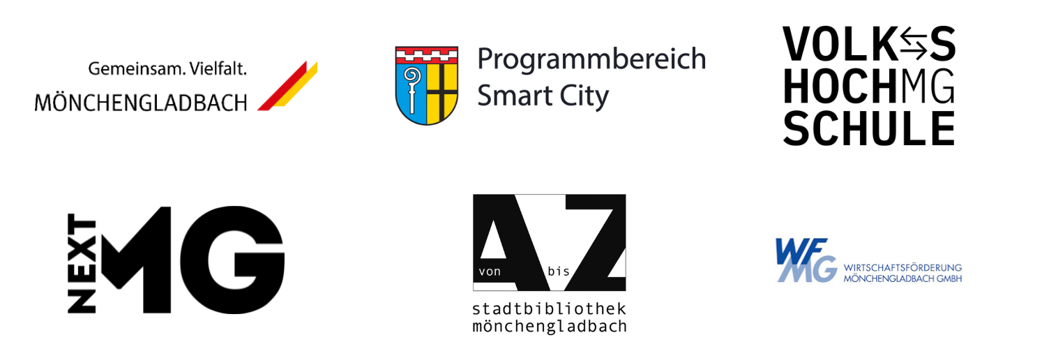 Logos Stadt Mönchengladbach, Programmbereich Smart City Stadt Mönchengladbach, Volkshochschule Mönchengladbach, nextMG, Stadtbibliothek Mönchengladbach, Wirtschaftsförderung Mönchengladbach GmbH