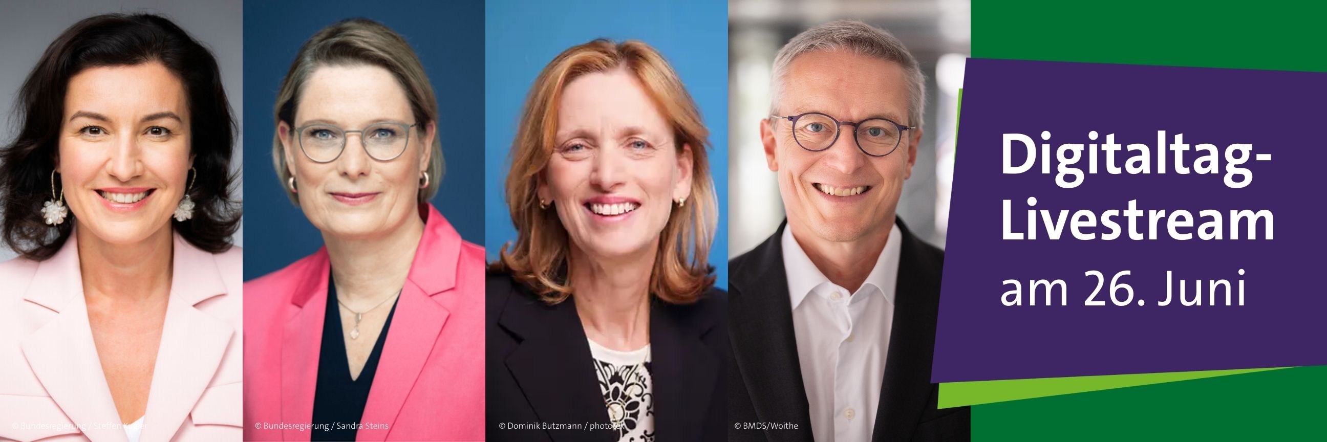 Fotocollage politischer Gäste im Digitaltag-Livestream am 26. Juni: Dorothee Bär (Bundesministerin für Forschung, Technologie und Raumfahrt), Dr. Stefanie Hubig (Bundesministerin der Justiz und für Verbraucherschutz), Karien Prien (Bundesministerin für Bildung, Familie, Senioren, Frauen und Jugend), Dr. Karsten Wildberger (Bundesminister für Digitales und Staatsmodernisierung)