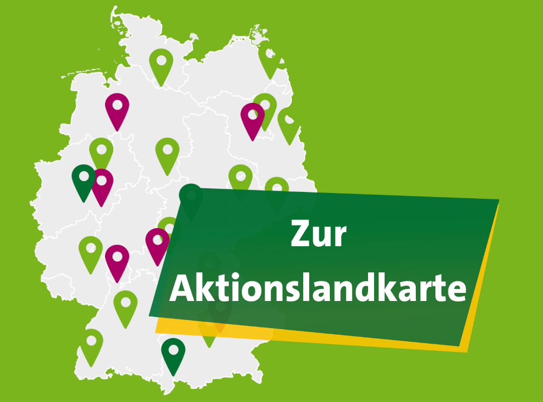 Umriss einer grauen Deutschlandkarten mit bunten Pins. Textfächer mit der Aufschrift: