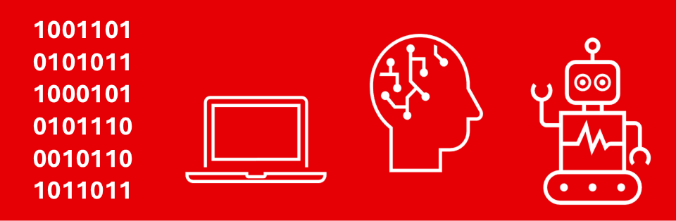 **Alternativtext:** Rote Grafik mit weißen Symbolen zum Thema Digitalisierung und Künstliche Intelligenz. Links stehen sechs Binärcode-Zeilen (z. B. 1001101), daneben sind drei Symbole dargestellt: ein stilisiertes Laptop-Symbol, ein menschlicher Kopf mit Schaltkreis-Verbindungen im Inneren (symbolisiert Künstliche Intelligenz), und ein Roboter mit Herzlinien-Anzeige auf dem Brustbereich. Die Bildsprache stellt die Verbindung zwischen Technologie, Datenverarbeitung und KI dar.