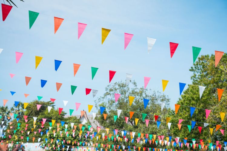 Ein Outdoor-Bild mit vielen bunten Wimpelketten, die zwischen Bäumen und Gebäuden im Hintergrund aufgehängt sind. Die Wimpel sind in verschiedenen Farben wie Blau, Rot, Grün, Gelb und Weiß und hängen vor einem hellblauen Himmel. 