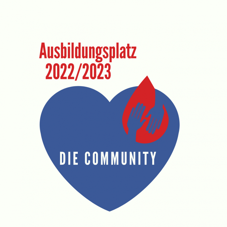 Logo großes blaues Herz, weiße Aufschrift "Die Community", in roter Schrift darüber "Ausbildungsplatz 2022/2023" 