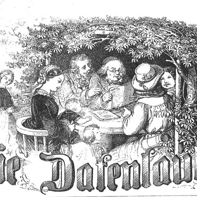 Historische Zeichnung von einer Gruppe von Menschen, die in einer Gartenlaube sitzt