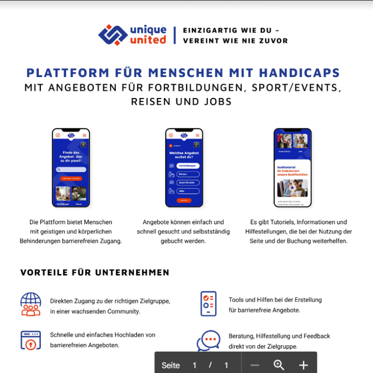 Rechts oben Logo des Digitaltags und blauer Fächer mit der Aufschrift "Publikumspreis 2022". Foto: Logo von Unique United mit dem Text "Einzigartig wie du - vereint wie nie zuvor". Text: 2. Platz "Digitaler Zusammenhalt", Unique United, Unique United GmbH und Einzigartig wie du GUG