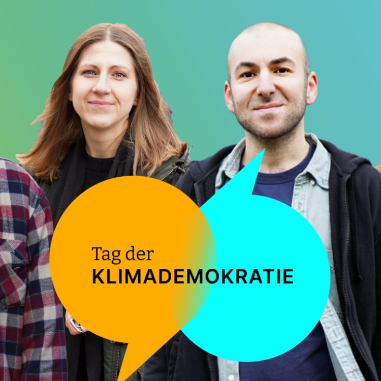 Zwei Personen mit orangener und blauer Sprechblase und dem Text "Tag der Klimademokratie"
