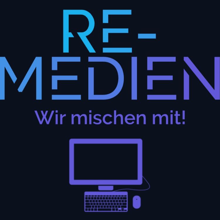 Schwarzer Hintergrund mit lila/blauem Laptop-Icon und dem Text "Re-Medien. Wir mischen mit!"