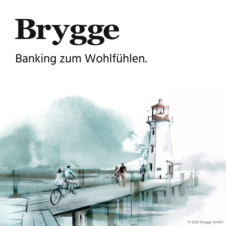 Logo Brygge – Banking zum Wohlfühlen. Im Hintergrund Zeichnung eines Leuchtturms mit einem Steg, auf dem Leute zu Fuß und auf dem Fahrrad unterwegs sind.
