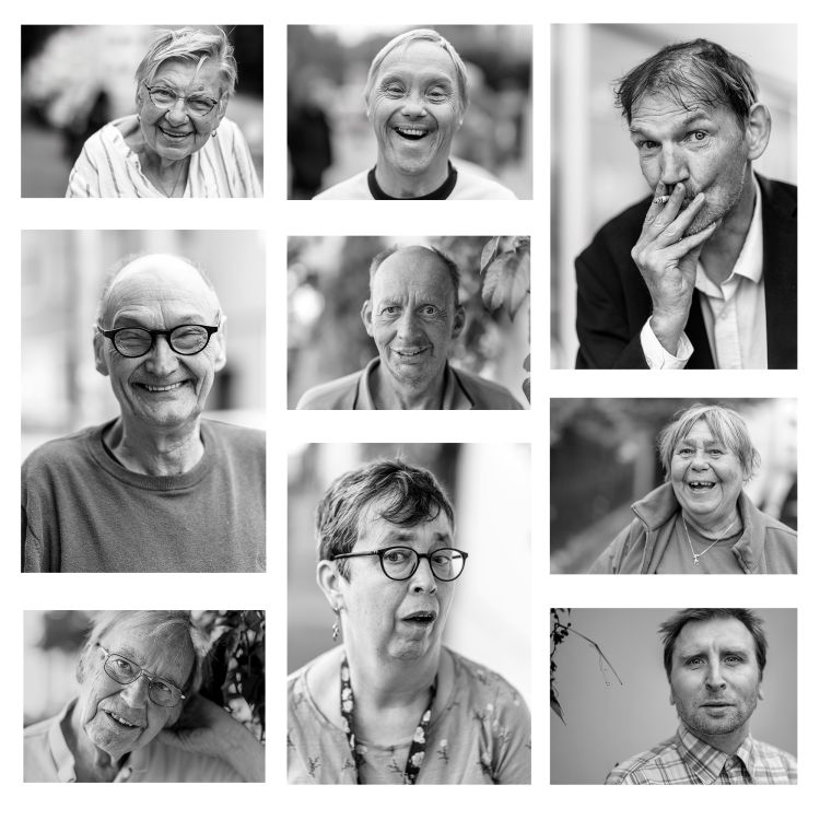 Collage aus schwarz-weiß Bildern verschiedener Menschen unterschiedlichen Alters