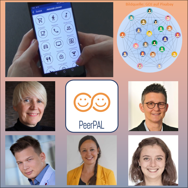 Foto der PeerPAL-App und Fotos verschiedener Menschen aus dem PeerPAL-Team