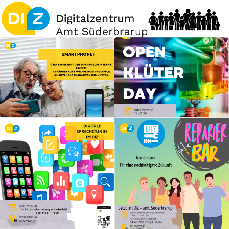 Collage mit Sharepics von Veranstaltungen und Projekten des Digitalzentrums Amt Süderbrarup