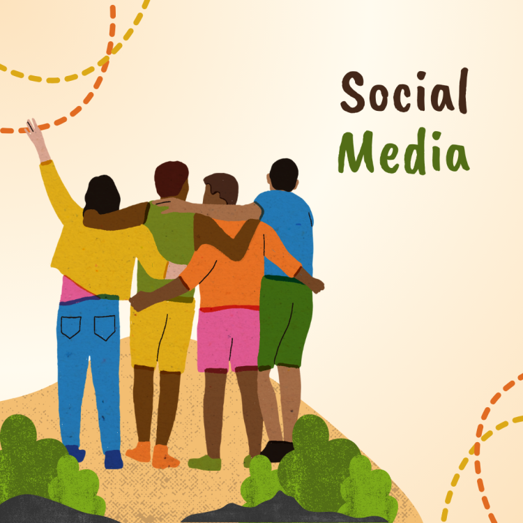Grafik einer Gruppe Menschen, die sich in den Armen halten. Oben rechts einer Aufschrift mit dem Text "Social Media"