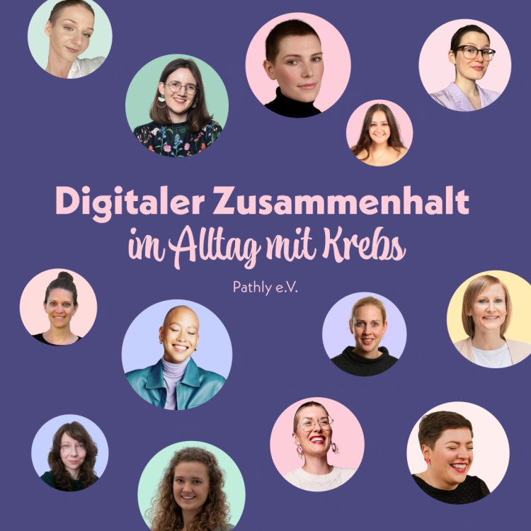 Man sieht viele Kreise, in denen Portraits von Personen abgebildet sind vor einem lilafarbenen Hintergrund. In der Mitte steht: "Digitaler Zusammenschluss im Alltag mit Krebs"