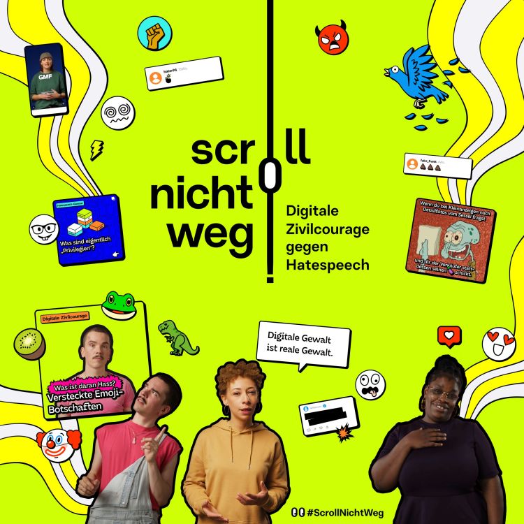 Helles Plakat mit verschiedenen cartoonartigen Grafiken und Textblasen. Der zentrale Text lautet „Scroll nicht weg“. Am unteren Rand sind drei Personen vor einem leuchtend grünen Hintergrund abgebildet.