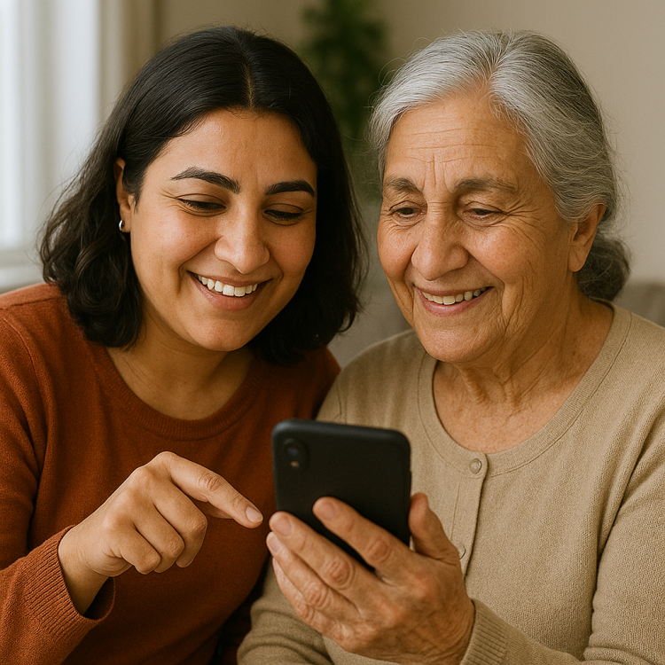 KI-generiertes Bild: Eine Frau berät eine ältere Frau bei der Nutzung eines Smartphones
