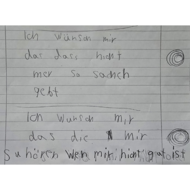 Beschriebener Zettel mit kindlicher Handschrift