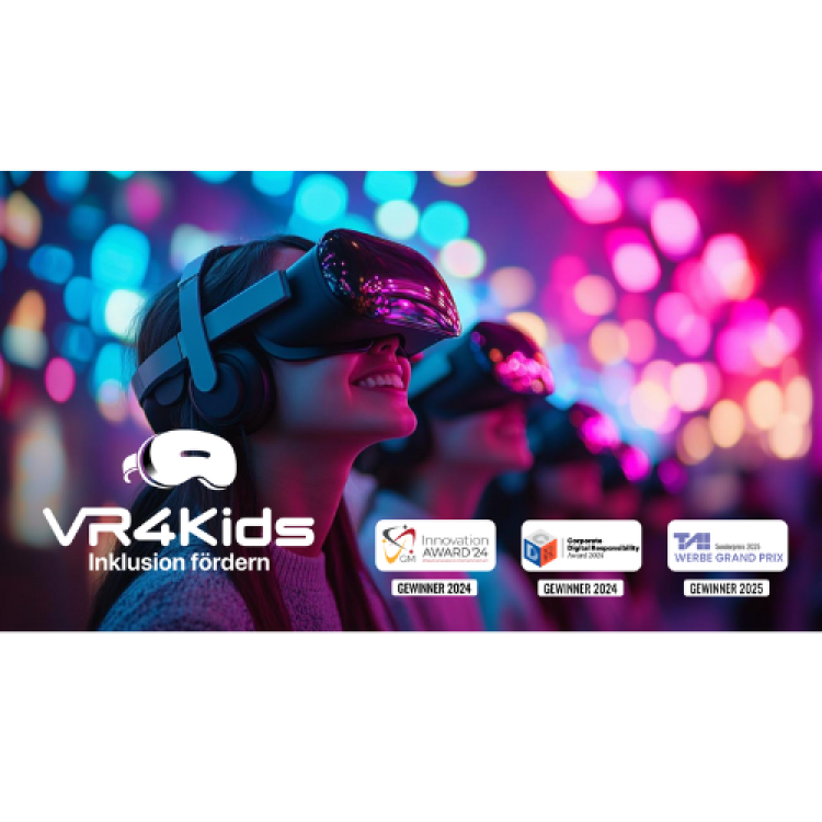 Eine Gruppe Kinder stehen nebeneinander mit VR-Brillen aufgesetzt. 