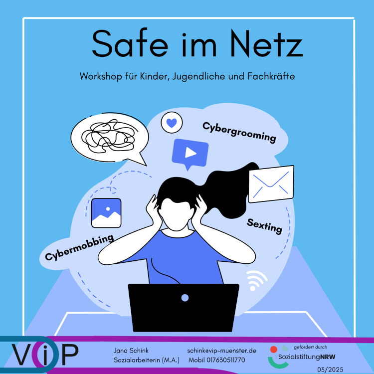 Grafik "Safe im Netz: Workshop für Kinder, Jugendliche und Fachkräfte"