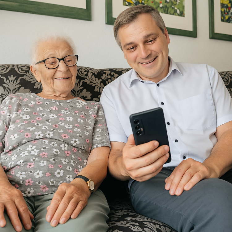 KI-generiertes Bild einer älteren Frau und eines Mannes, die sich gemeinsam etwas auf dem Smartphone anschauen